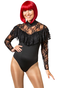 Spitzen-Body Volant schwarz (Body m Stehkragen u breitem Spitzen-Volant) XXL/XXXL