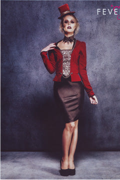 Fever Vampiress Costume Red with Zip-Through Skirt Jacket Mock Corset & Hat M